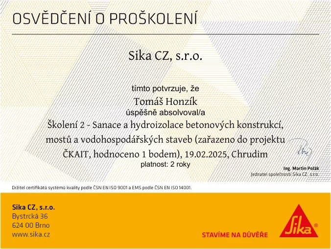 Osvědčení sanace betonu 2025