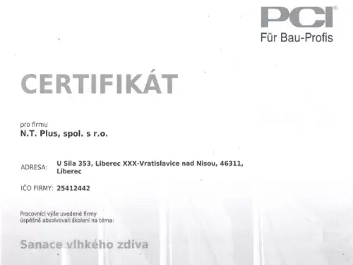 Certifikát sanace vlhkého zdiva 2024